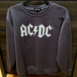 AC/DC rock band rhinestone studs logo back fringe tassel gray fleece sweatshirt